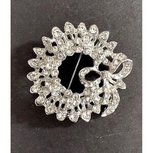 Vintage Silver Tone and Clear Rhinestone Wreath with Bow Brooch Pin Unsigned